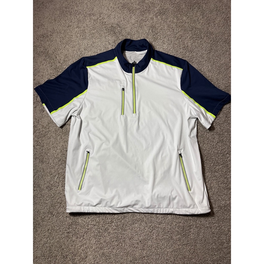 Mens Performance Quarter Zip Short Sleeve Pullover White Navy Neon XL